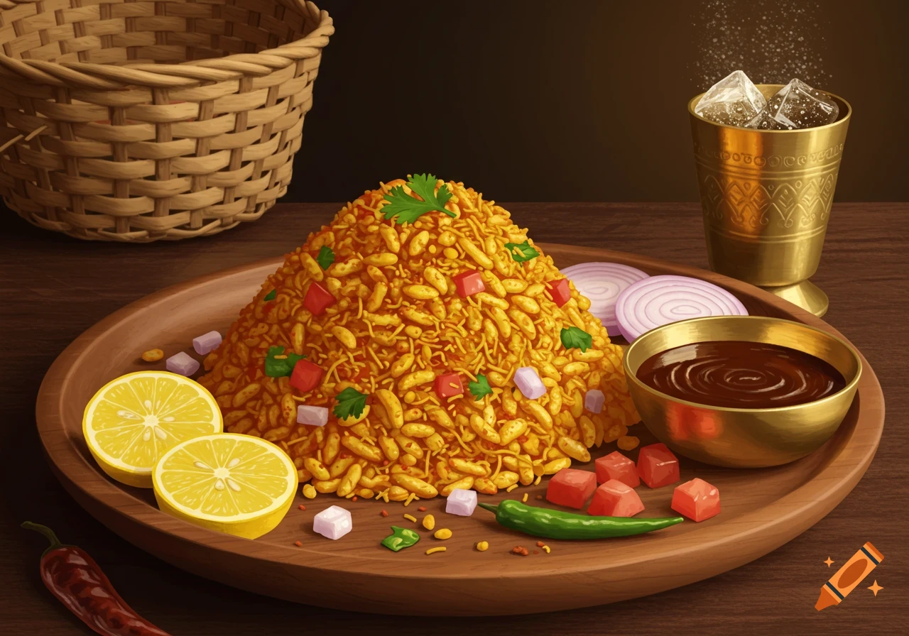 A large mound of chatpate with lemon, onions, and chutney on a wooden plate, with a brass cup and wicker basket. Digital art.