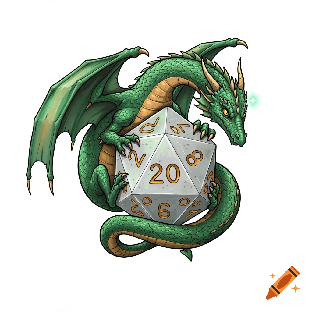 A vibrant green dragon curled around a large white 20-sided die showing the number 20, in a 2D animated style on a white background.