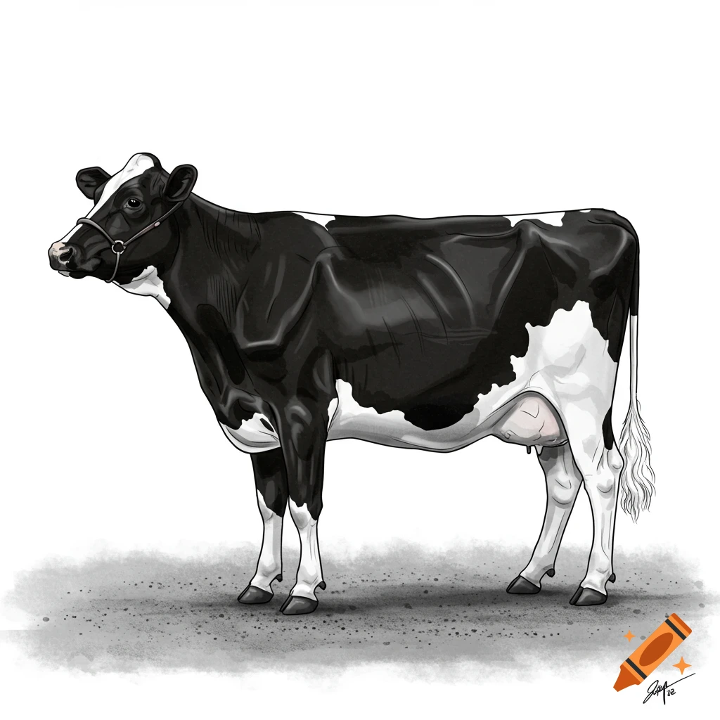 A black and white drawing of a dairy cow standing in a show pose.