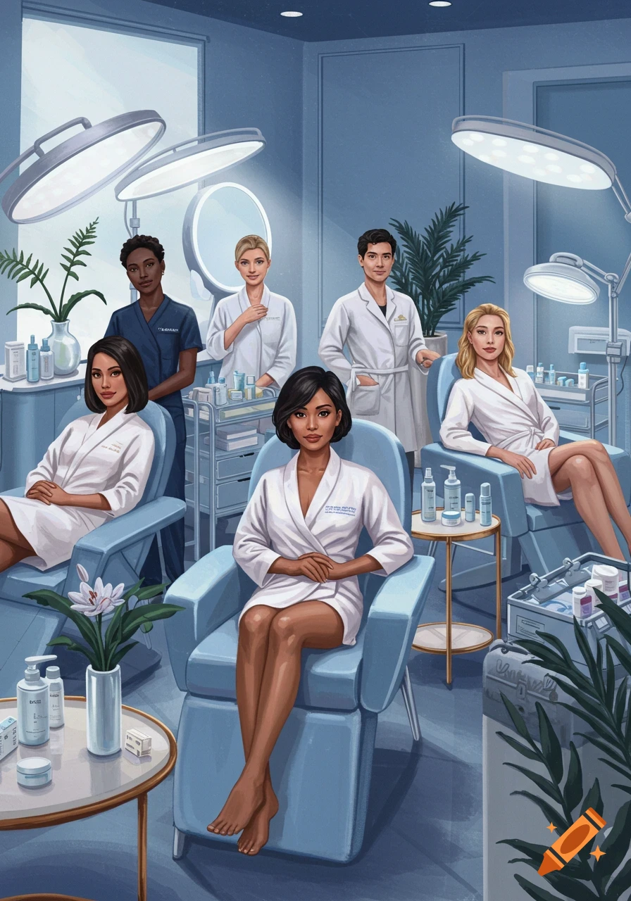 An illustration of a diverse group of people in a modern medical spa, including clients in robes and staff in uniforms, surrounded by skincare products and equipment.