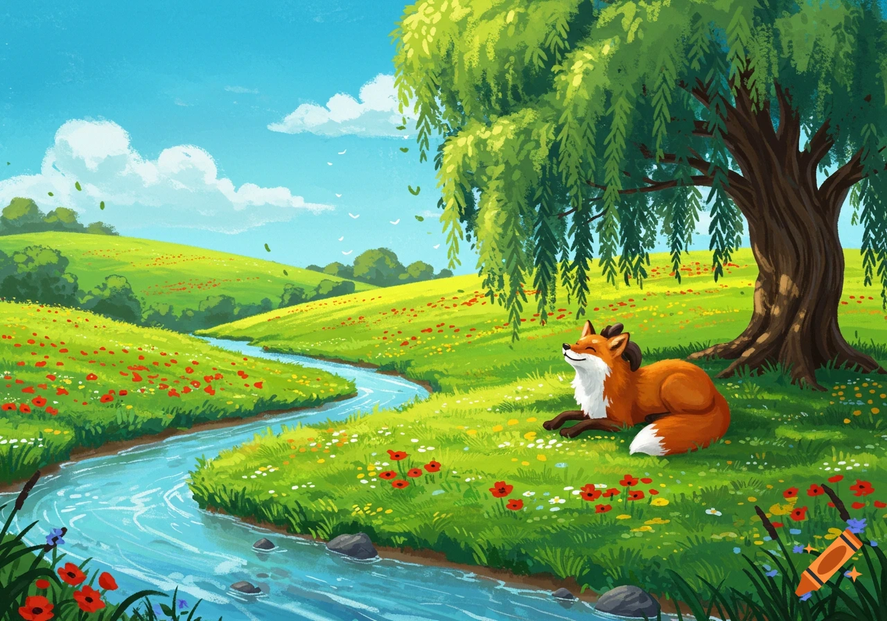 A red fox reclines under a weeping willow tree beside a winding stream in a vibrant green meadow filled with colorful wildflowers.