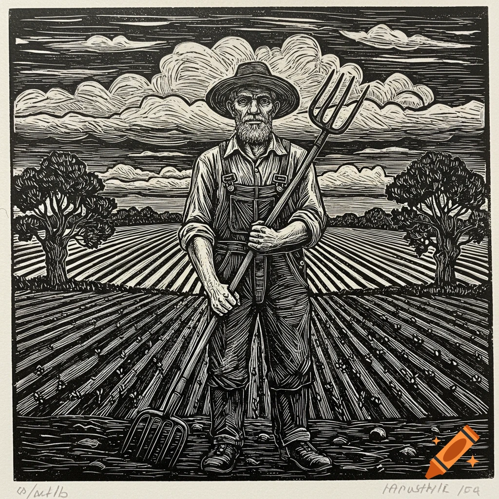 A black and white linocut print of a farmer in overalls and a hat, holding a pitchfork in a field under a cloudy sky.