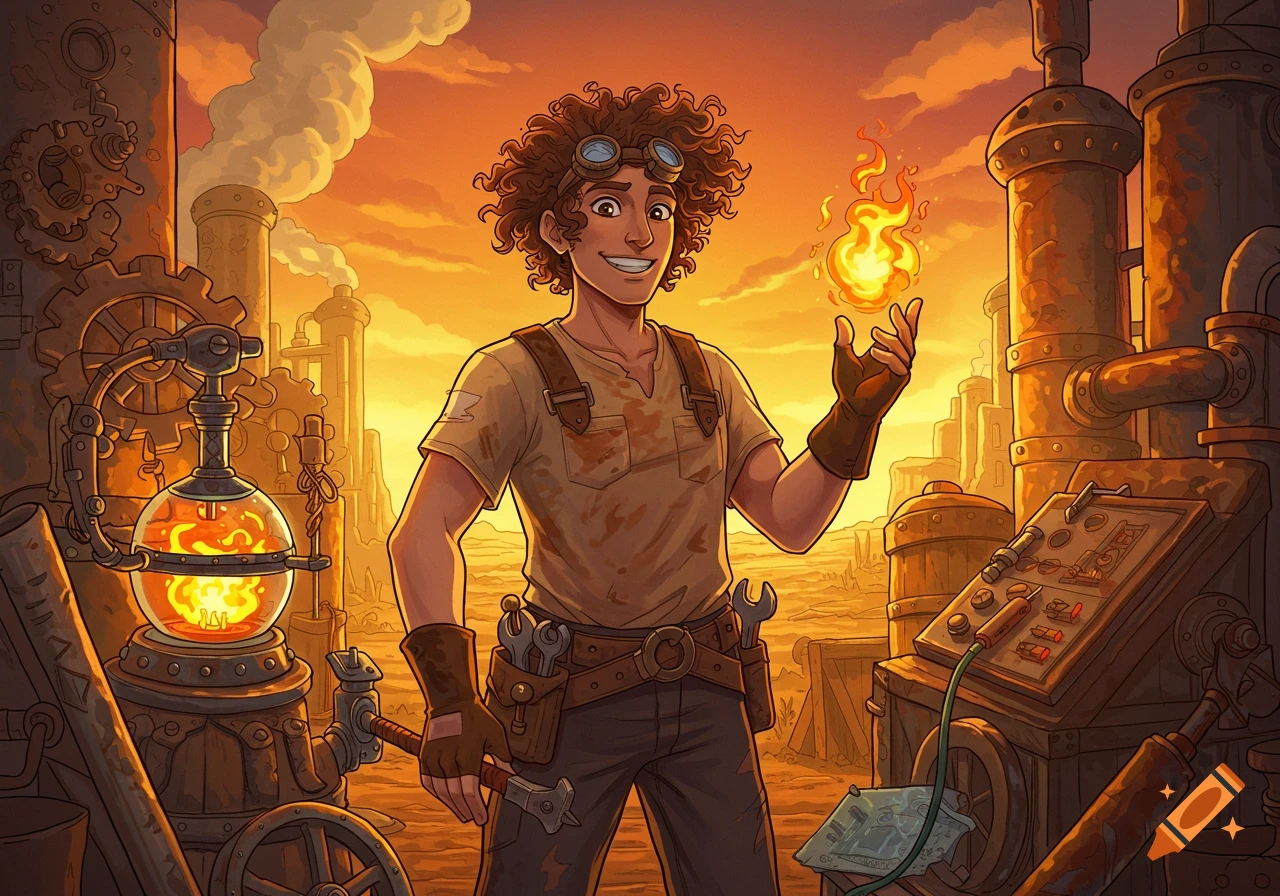 A smiling cartoon man with curly hair and goggles holds a fiery orb in a steampunk factory at sunset.