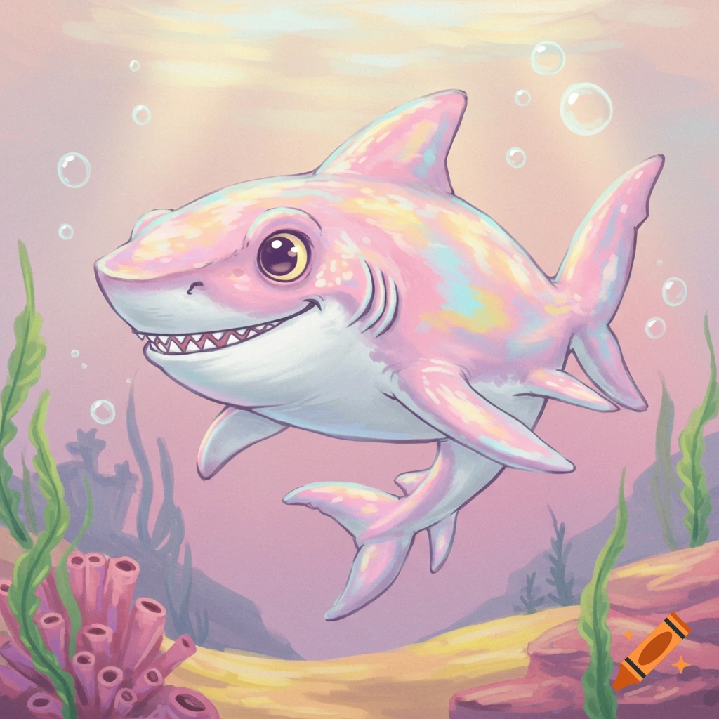 A cute, pastel-colored cartoon shark with big eyes and a friendly smile swims underwater among coral and seaweed.