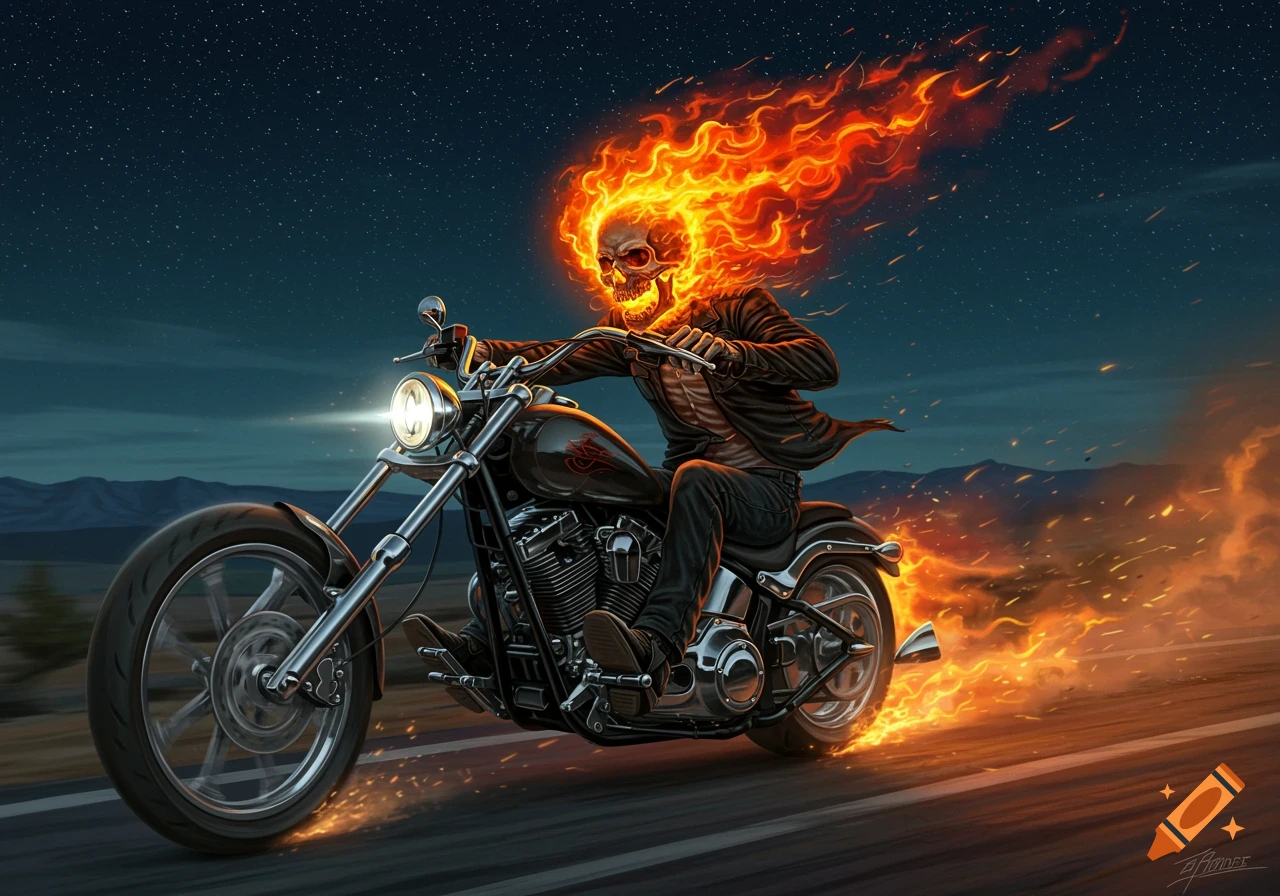 An illustrated skeleton with a flaming head rides a chopper motorcycle down a road at night, leaving a trail of fire.