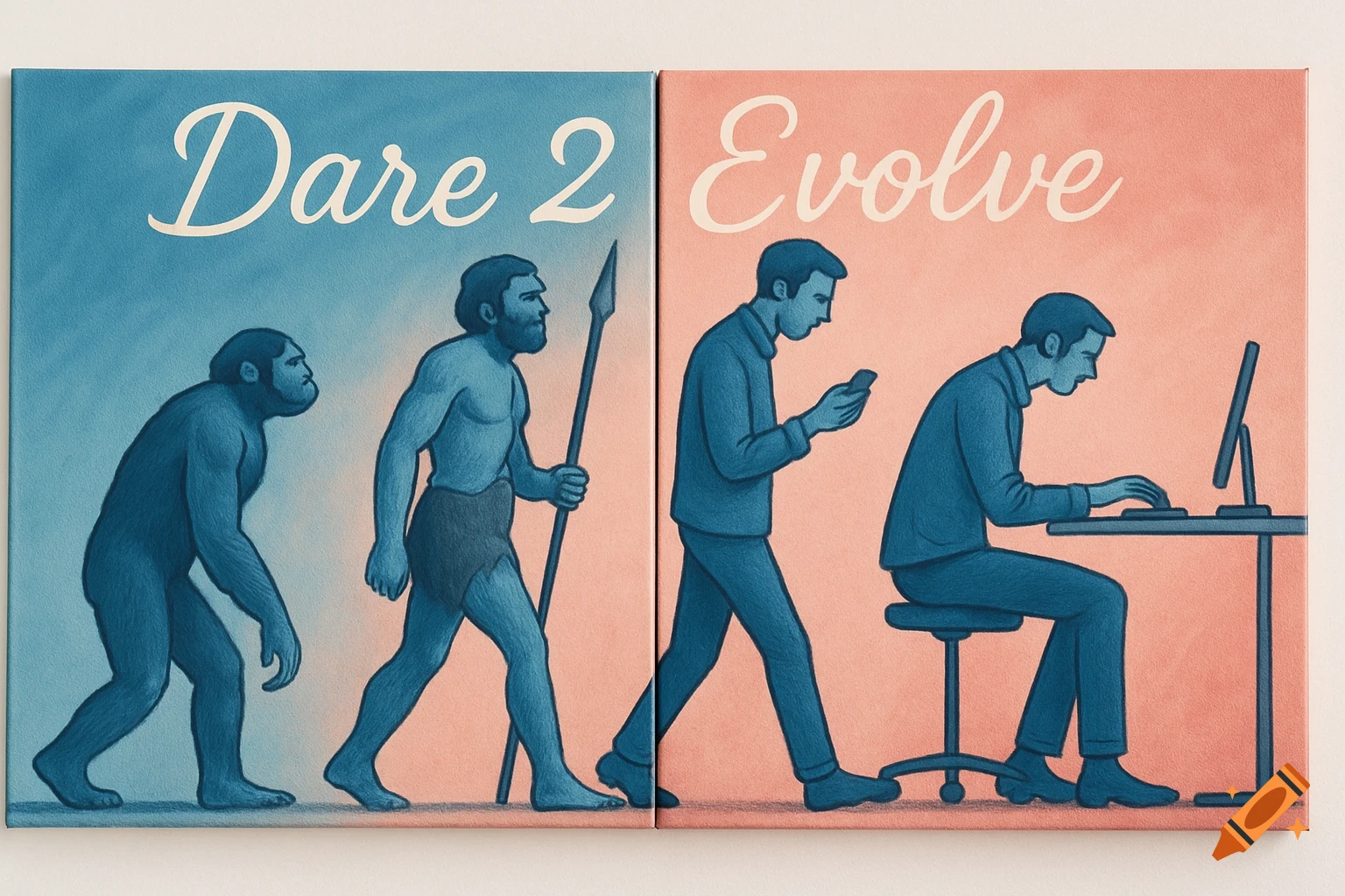 Illustration showing human evolution across two panels: from ape to caveman to modern man hunched over phone and computer, with text "Dare 2 Evolve".