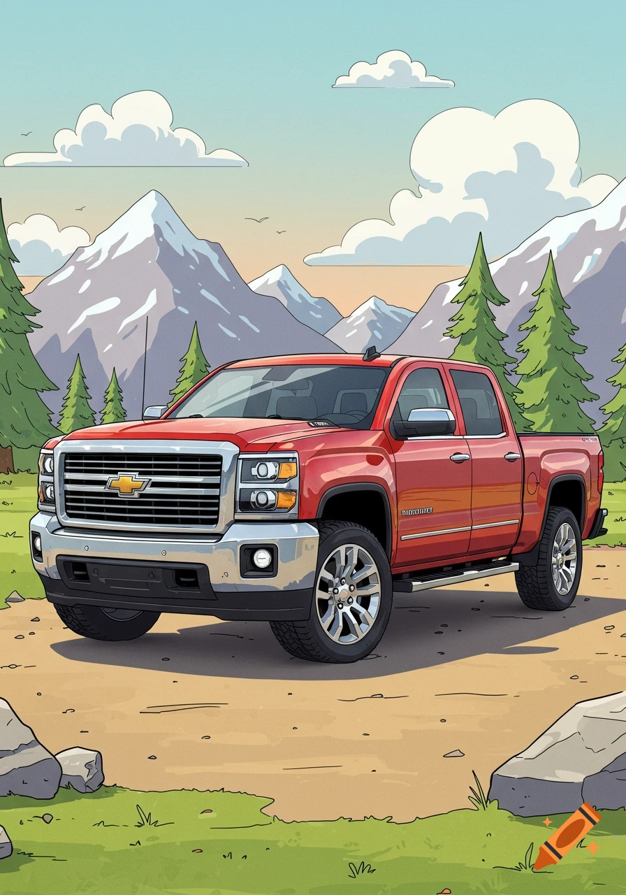A cartoon red Chevrolet pickup truck is parked on a dirt path in a mountainous landscape with pine trees and clouds under a blue sky.