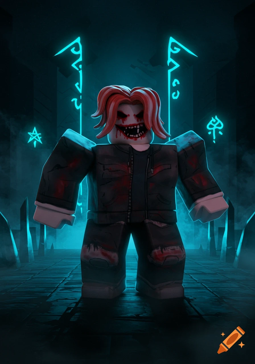 A Roblox-style character with red hair, a bloody, fanged mouth, and ripped clothes stands menacingly in a dark, ominous hallway with glowing blue symbols.
