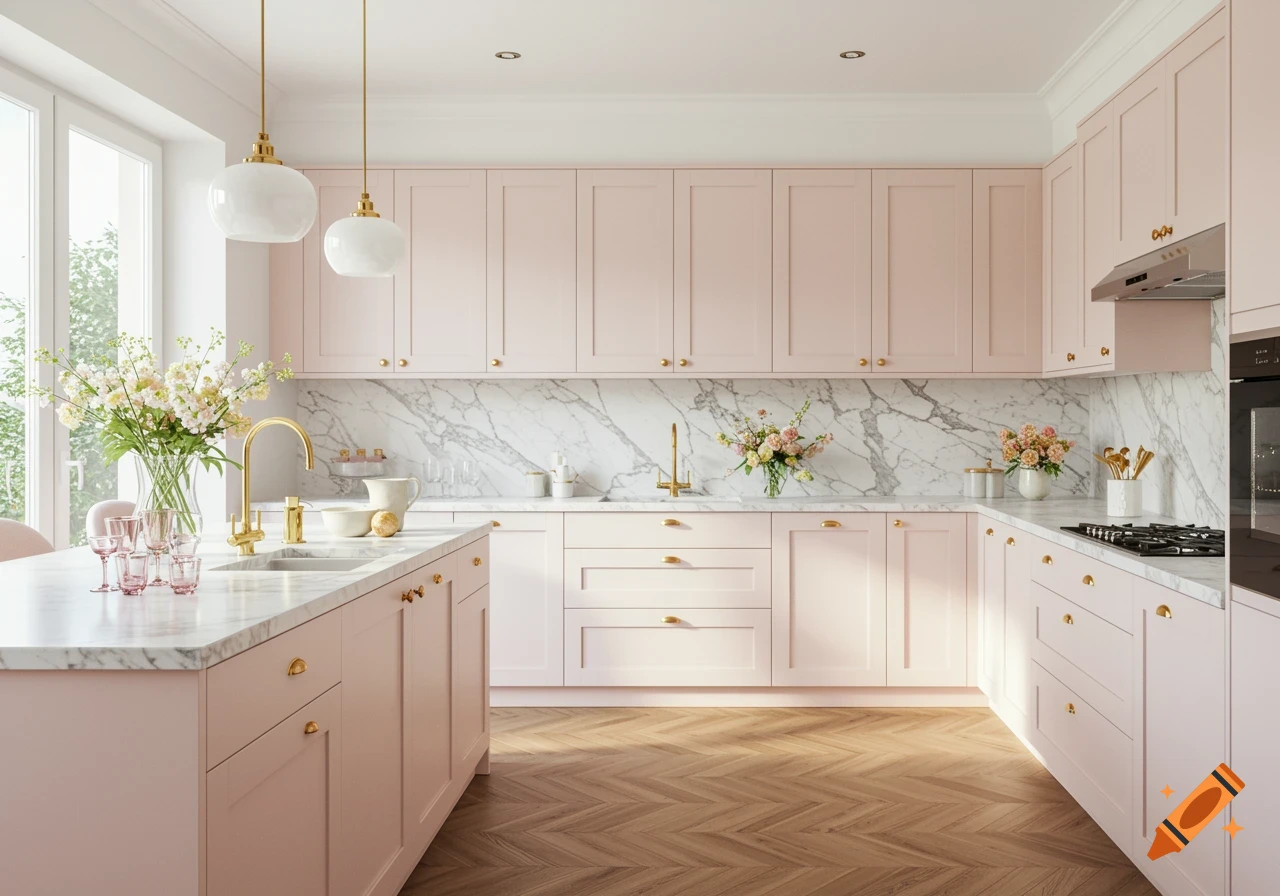 A photorealistic modern kitchen with light pink cabinets, white marble countertops, and golden fixtures, featuring a large window and herringbone wood floor.
