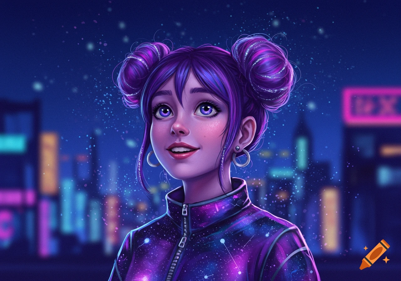 A stylized portrait of a girl with purple hair styled in space buns, wearing a starry jacket, looking up against a futuristic city skyline at night.