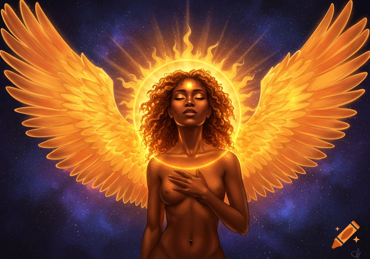 A Black woman with golden wings and a radiant sun halo, eyes closed in reverence, against a starry sky.