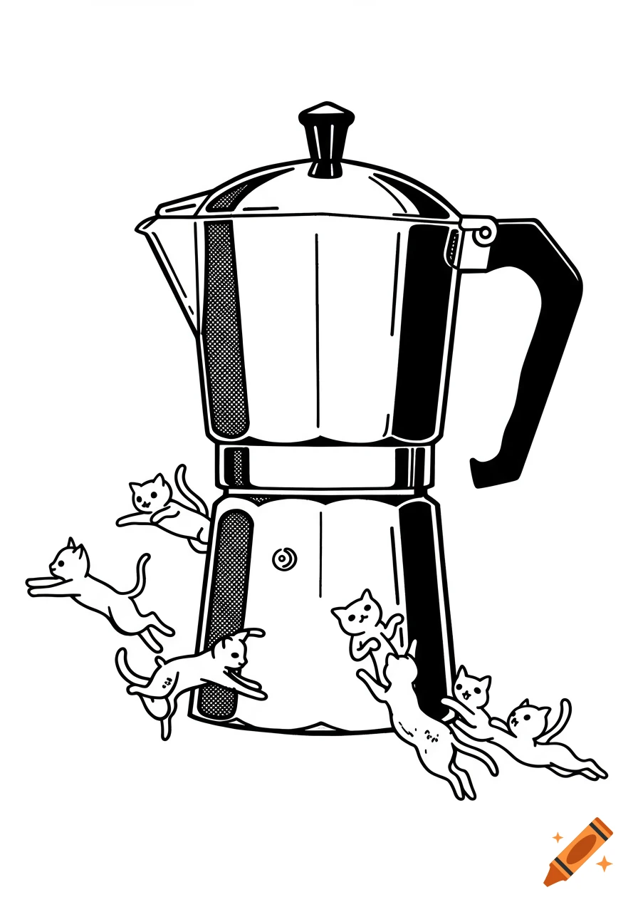 Black and white illustration of a Moka pot with multiple cartoon kittens leaping around it.