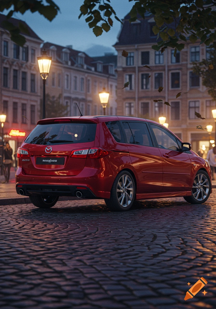 A photorealistic image of a red Mazda 5 parked on a cobblestone street at dusk, with illuminated streetlights and old buildings.