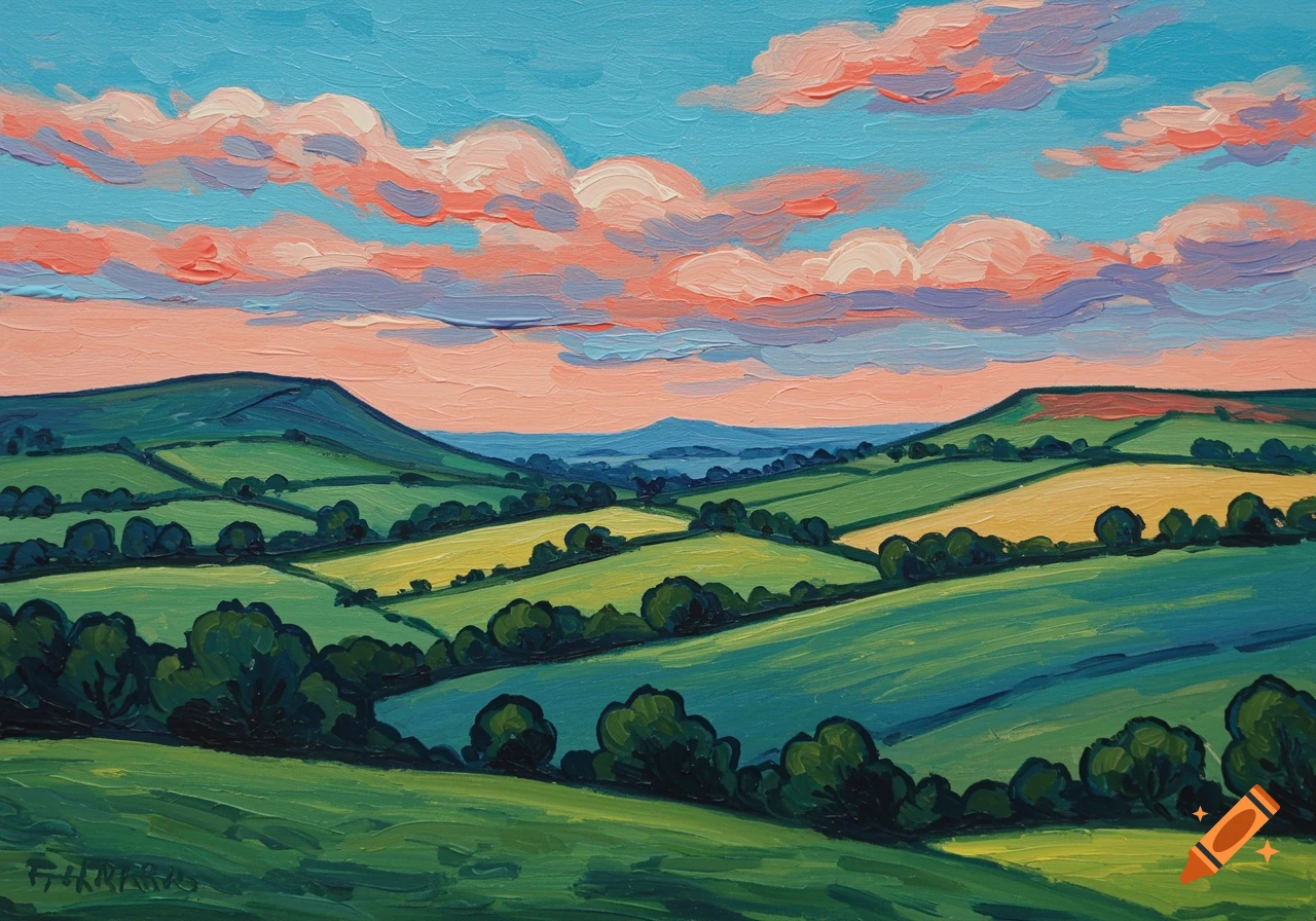 A vibrant painting of rolling green hills and fields under a bright blue and pink sky with fluffy clouds, in a stylized art style.
