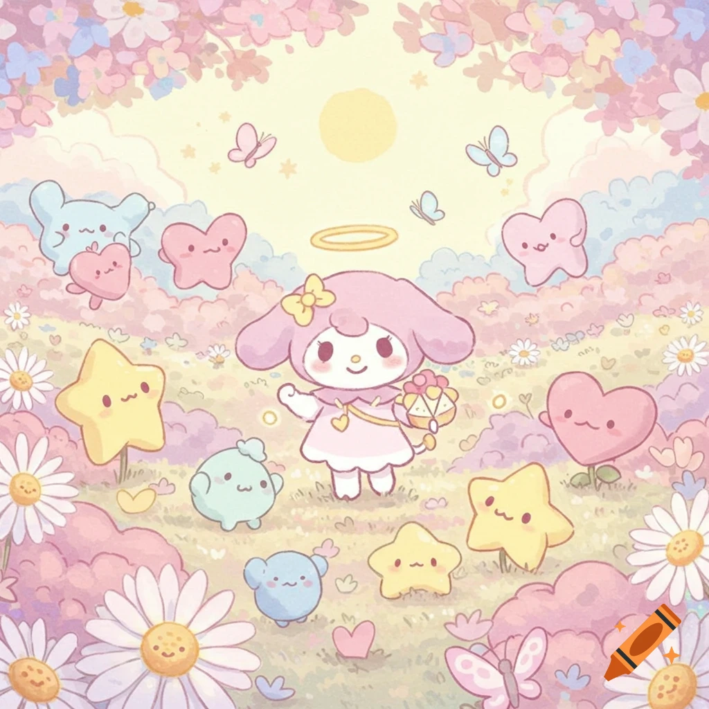 A cute pastel cartoon meadow with My Melody-like character, smiling stars, hearts, and butterflies.