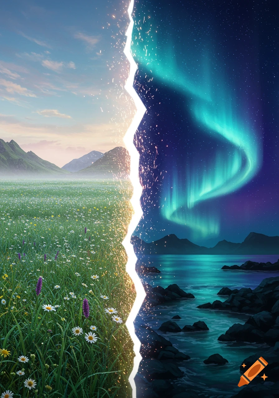 A vivid split landscape divided by a glowing crack. Left