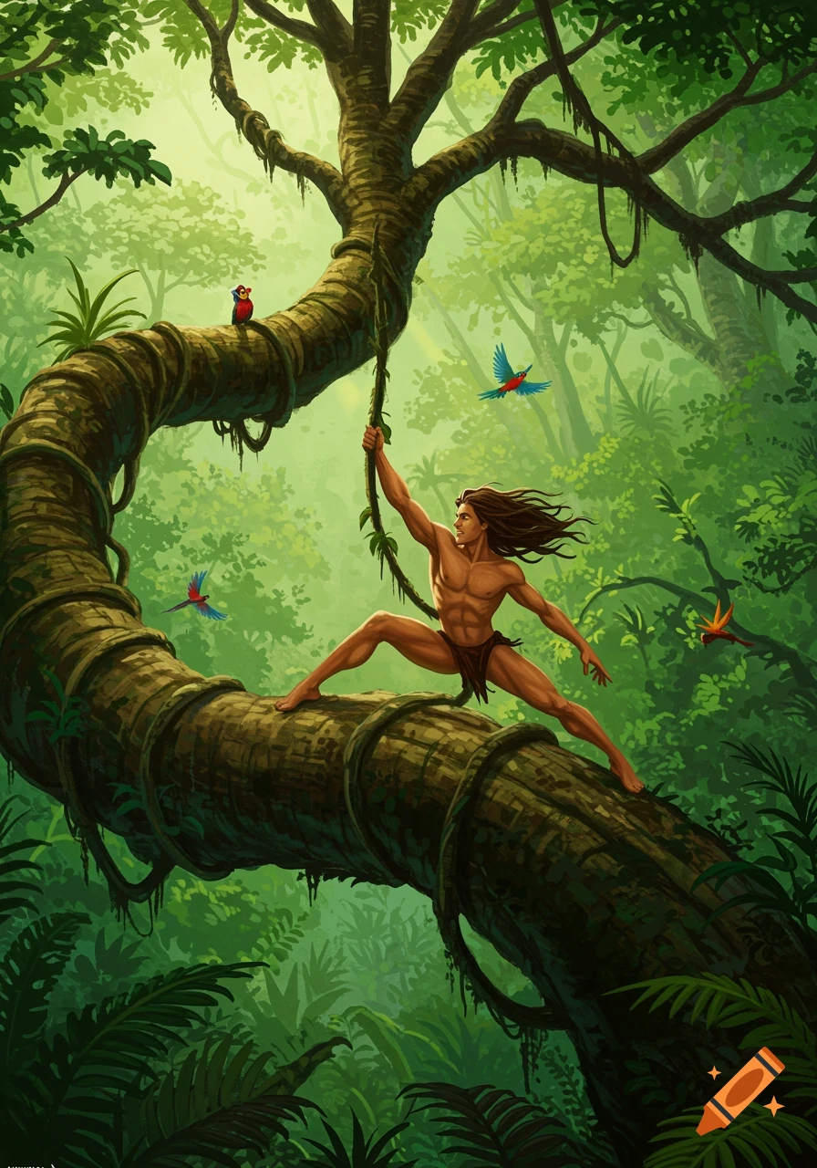 Tarzan swings on a vine, straddling a large tree branch in a vibrant, lush green jungle with colorful parrots flying around.