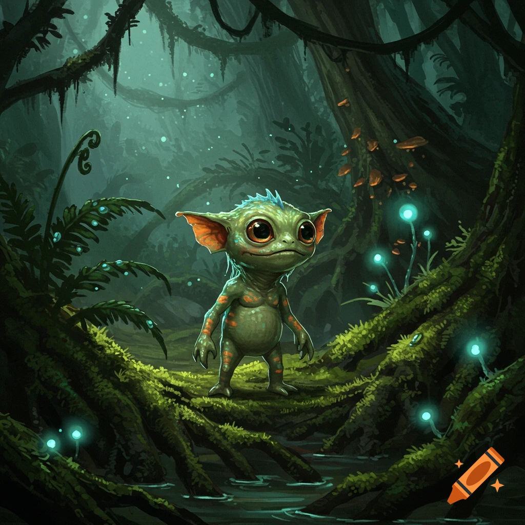 A small, green, big-eyed creature with large ears stands on mossy roots in a dark, glowing jungle with blue mushrooms.