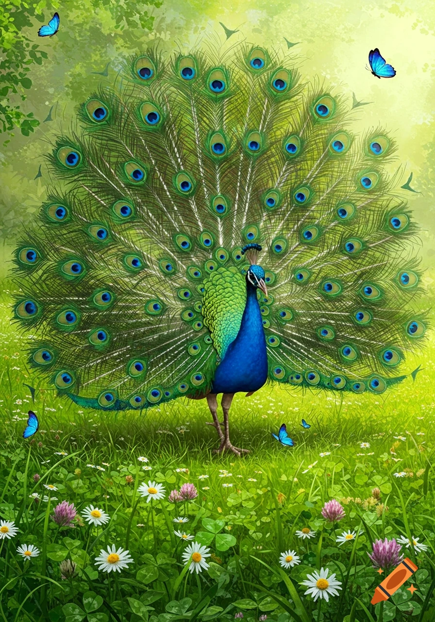 A vibrant peacock with its tail feathers fanned out, standing in a lush green field with wildflowers and blue butterflies.