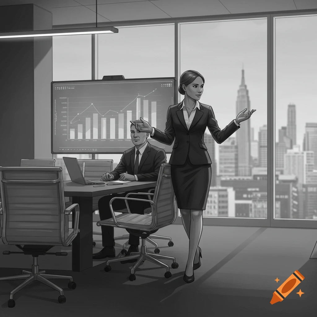 Greyscale illustration of a businesswoman presenting a chart on a screen to a man in an office overlooking a city skyline.