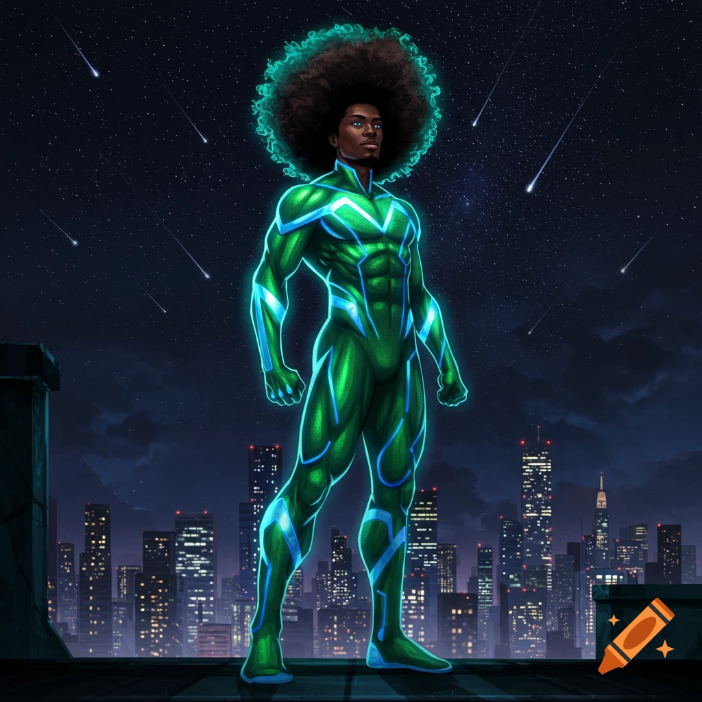 A black superhero with an afro in a glowing green and blue suit stands on a city rooftop at night under shooting stars.