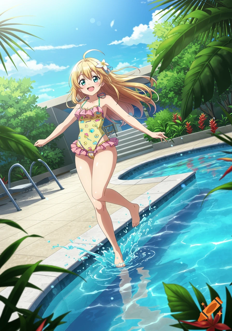 An anime girl with blonde hair in a yellow swimsuit splashes into a swimming pool on a sunny day.