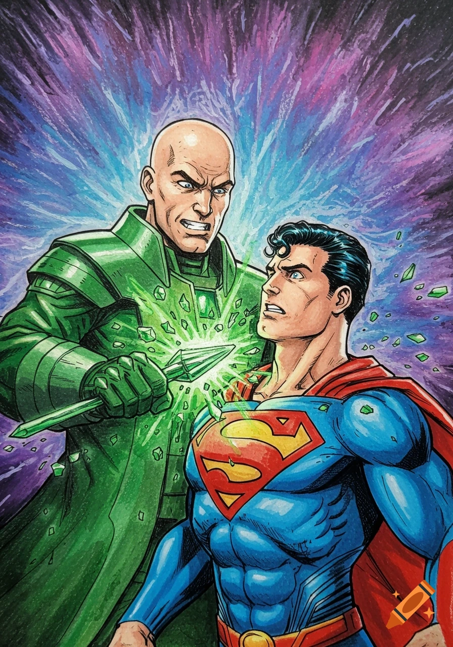 Lex Luthor stabs Superman with a glowing green kryptonite spear in a vibrant comic book drawing style.