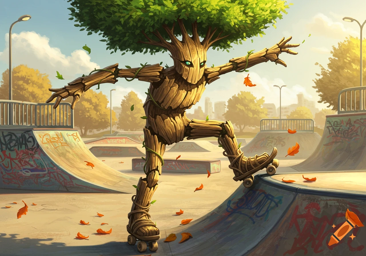 A tree-like creature with green foliage on its head rollerblades in a sunny skate park, striking a pose on a ramp.