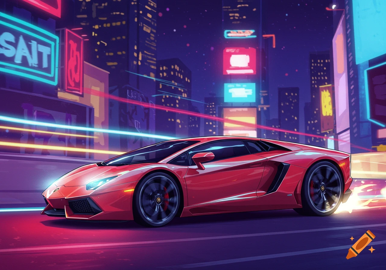 A red Lamborghini sports car drives at night through a futuristic city with neon lights, in a vibrant cartoon style.