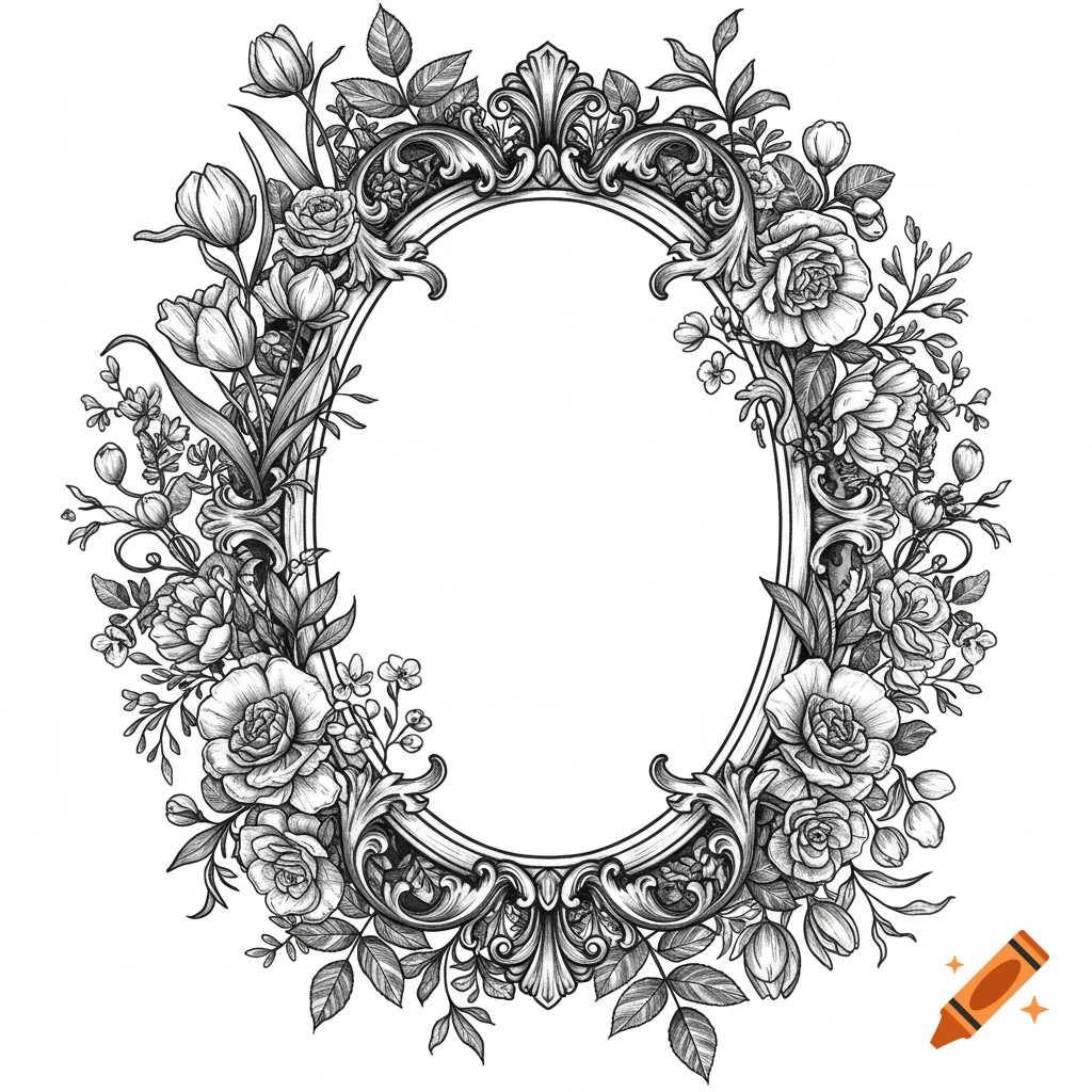 Ornate oval frame surrounded by a detailed black and white illustration of roses, tulips, wildflowers, and gothic botanical elements.