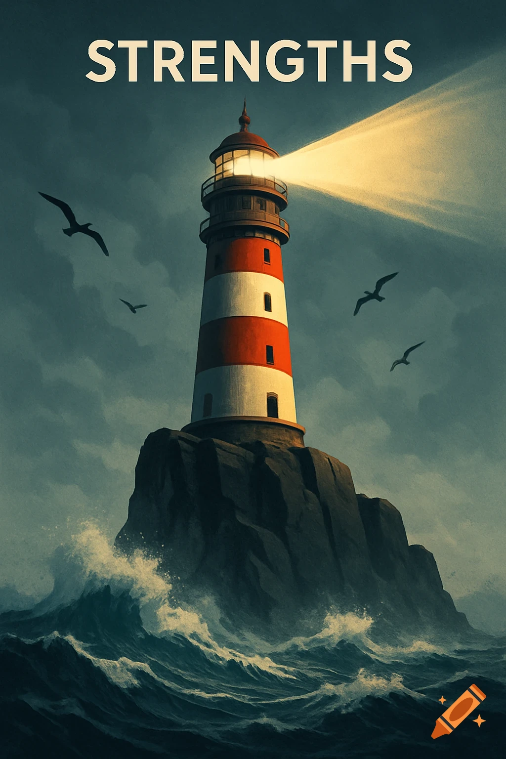 A red and white lighthouse on a rocky outcrop amidst a stormy sea, with the word 'STRENGTHS' above.