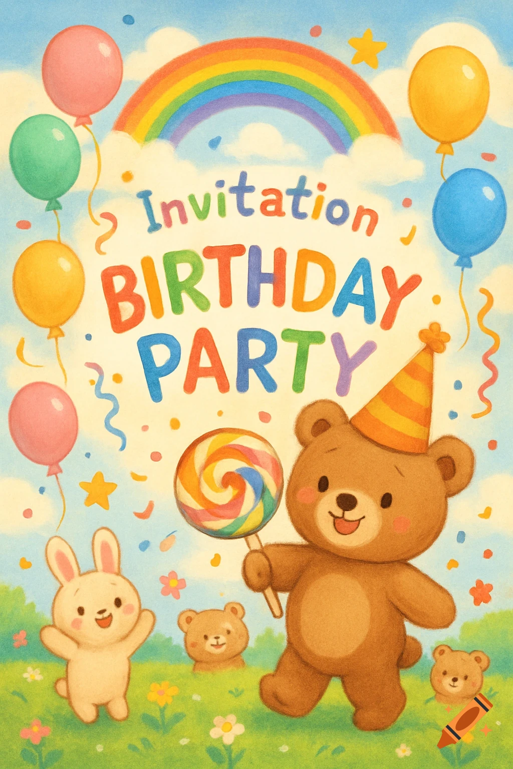 Colorful cartoon birthday invitation with a bear, bunny, balloons, and a rainbow.