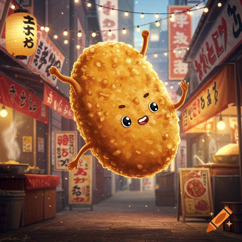 A cheerful, floating cartoon hash brown with arms and legs, smiling in a busy Japanese street market at night.
