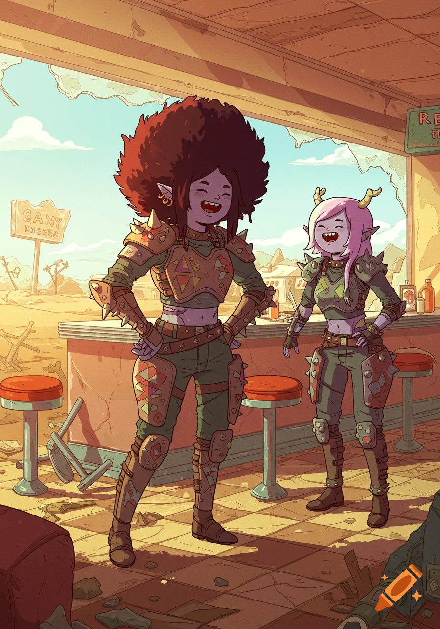 Two smiling cartoon raider girls with elf-like ears stand in a derelict post-apocalyptic diner in Adventure Time style.