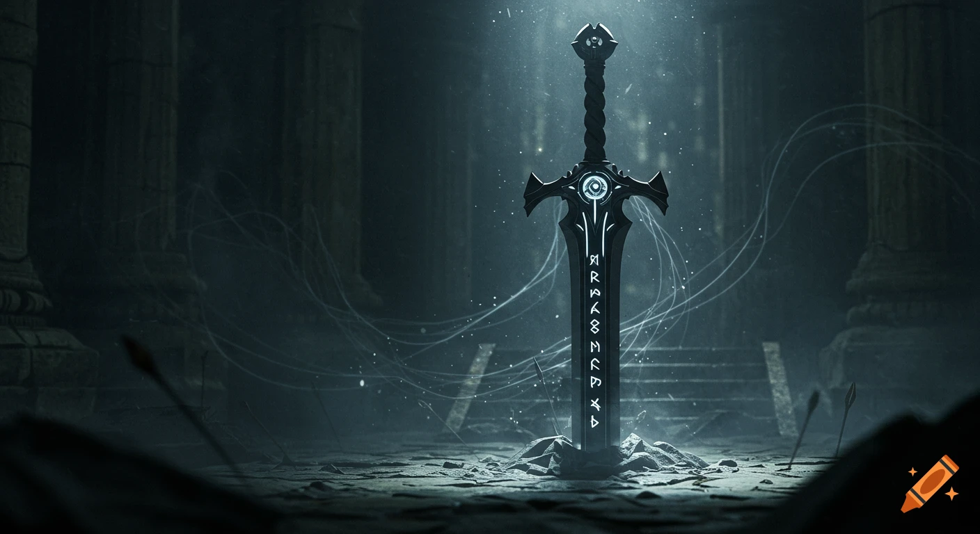 A jet-black fantasy sword with glowing white runes stands upright in the ground of a dark, misty temple, with wisps of energy.