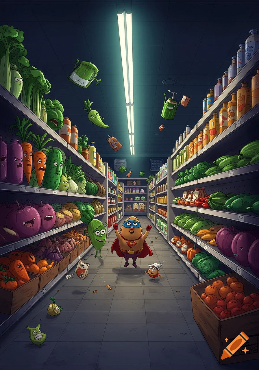 A cartoon superhero potato stands in a dark supermarket aisle filled with shelves of anthropomorphic fruits and vegetables, some floating.