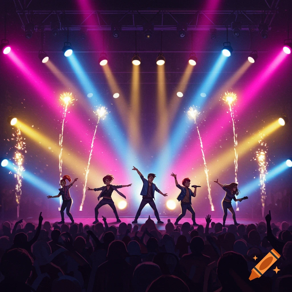 An animated group performs on a brightly lit stage with pink, blue, and yellow spotlights and fireworks, in front of a cheering audience.