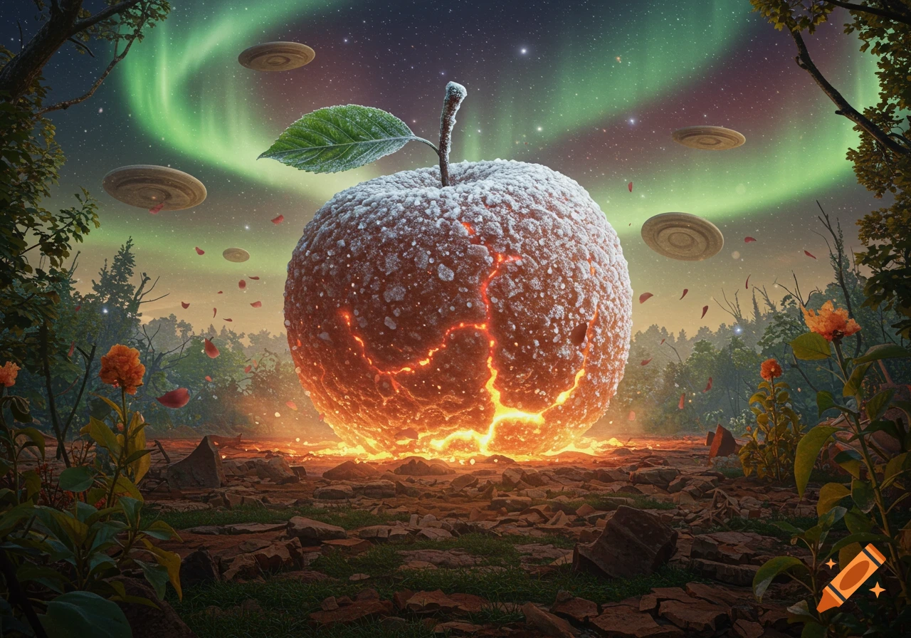 A gigantic, frosty apple glows with molten cracks in a surreal landscape under an aurora-lit night sky with flying saucers.