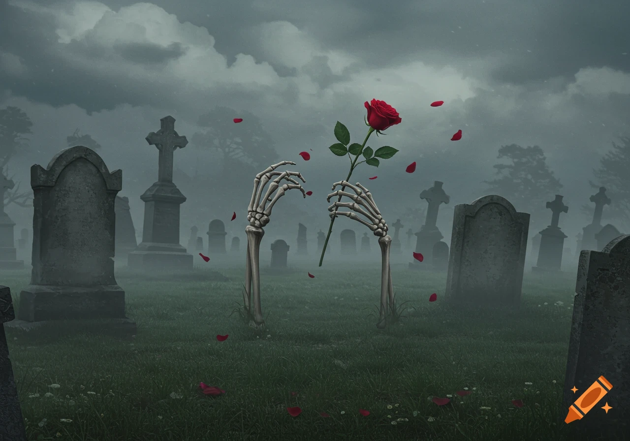 Skeleton arms rise from a misty graveyard, holding a red rose with falling petals under a gloomy sky.