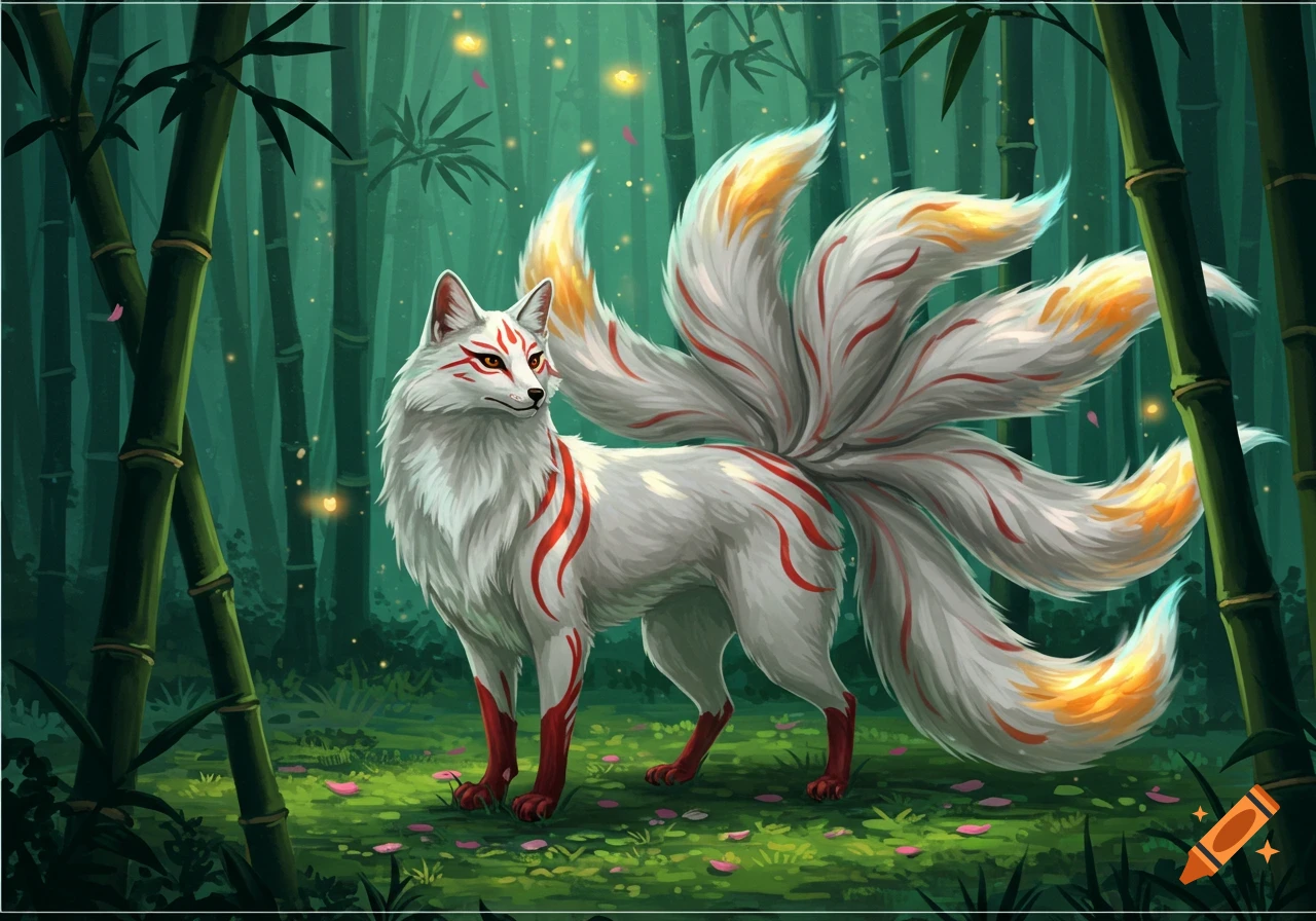 A white kitsune with red markings and multiple tails stands in a mystical bamboo forest with glowing fireflies.