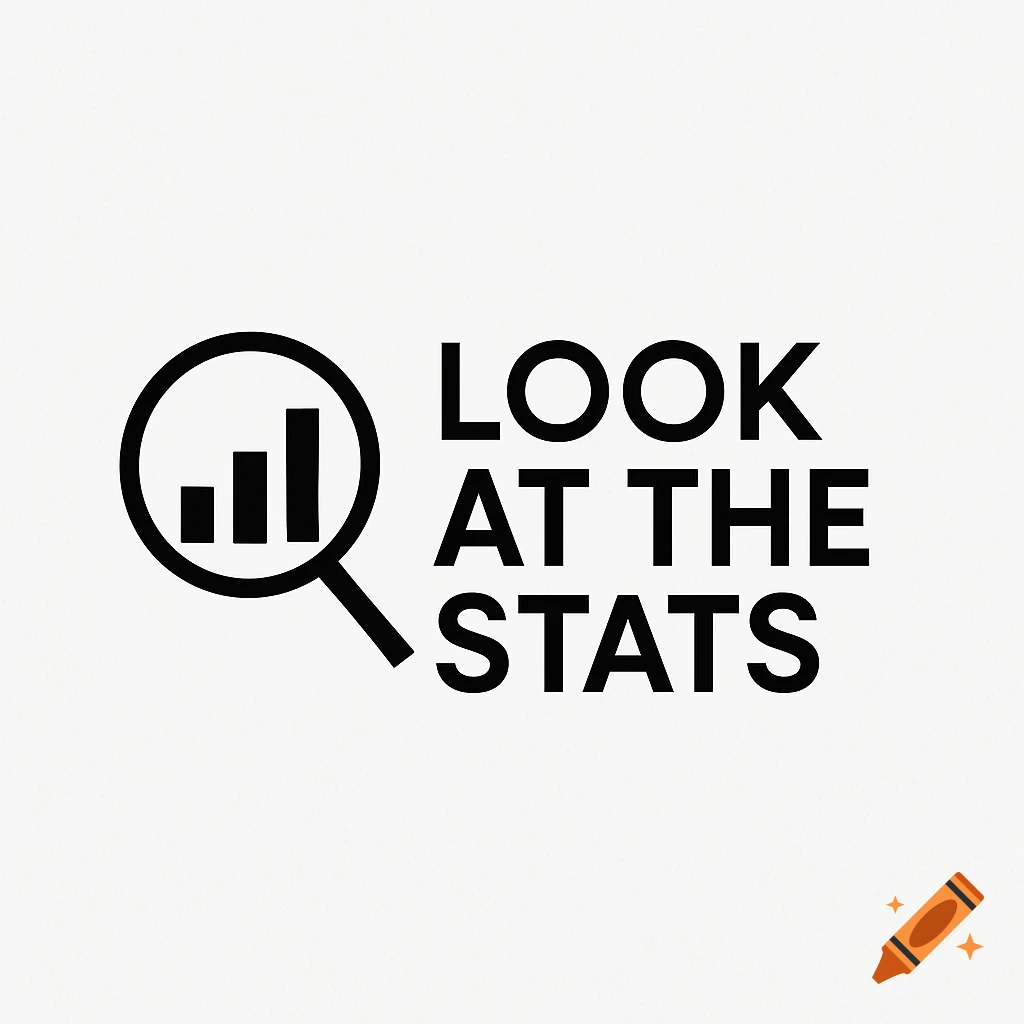 A minimalist black logo featuring a magnifying glass with a bar chart inside it, next to the words 'LOOK AT THE STATS' on a white background.