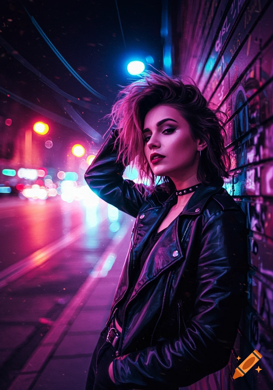 A cool young woman with pink hair and a leather jacket leans against a graffiti wall at night with neon city lights in the background.