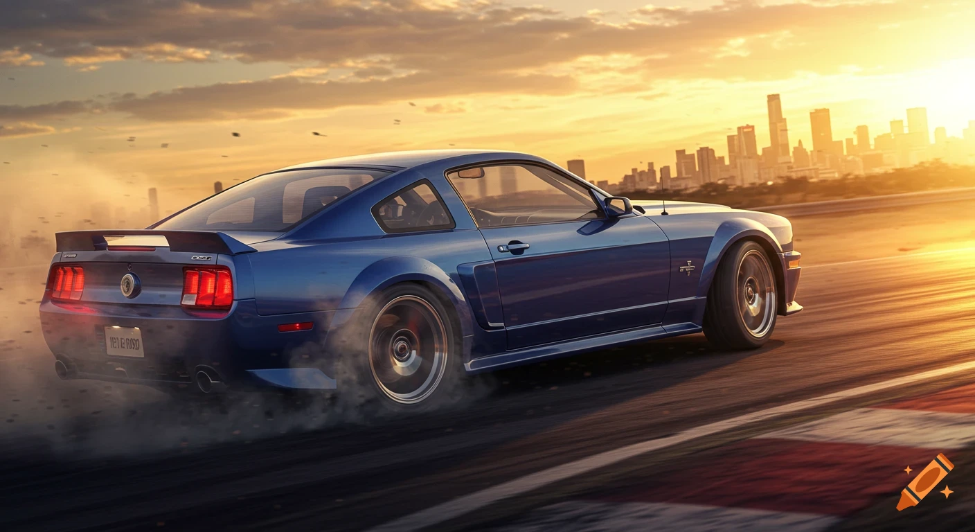 A blue Ford Mustang drifts on a race track, leaving a smoke trail, against a city skyline and a vibrant sunset.