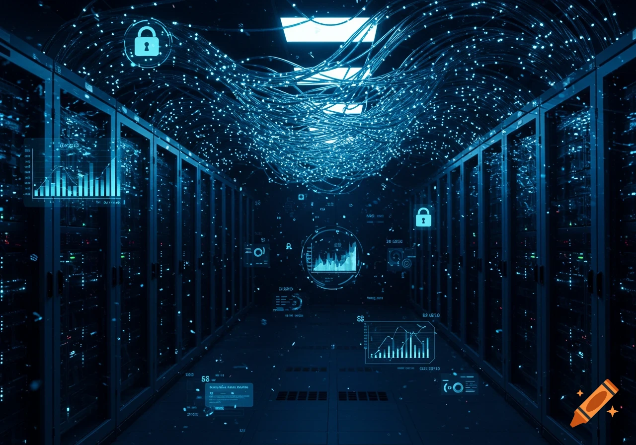 A futuristic blue-toned data center aisle with glowing cables, server racks, and holographic data interfaces displaying graphs and numbers.