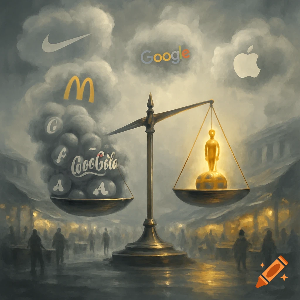 A surreal painting of a scale balancing corporate logos and smoke on one side against a glowing golden human figure on the other, in a misty marketplace.
