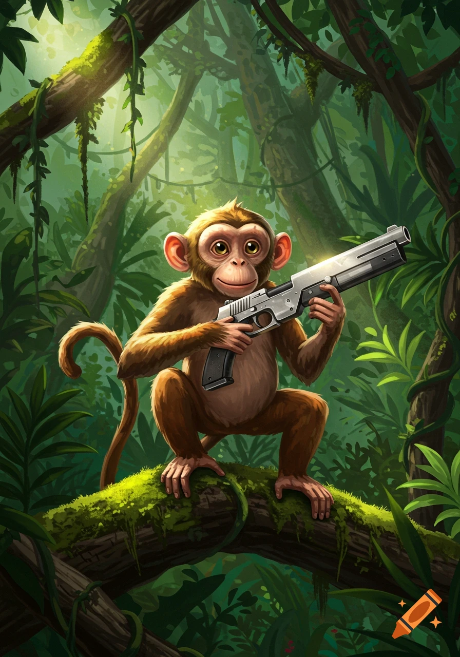 A stylized cartoon monkey holds a rifle while crouching on a mossy branch in a lush green jungle.