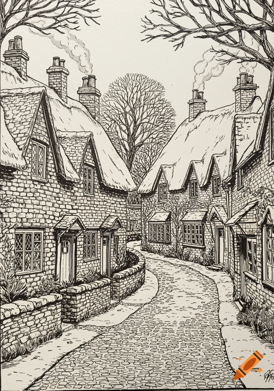 Black and white ink drawing of a traditional village street with thatched-roof houses and bare trees in winter.