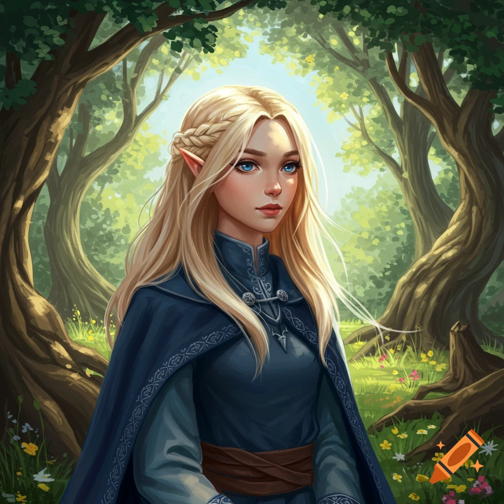 An elven woman with long blonde hair and blue eyes, wearing a dark blue dress and cloak, stands in a vibrant forest. Digital art.