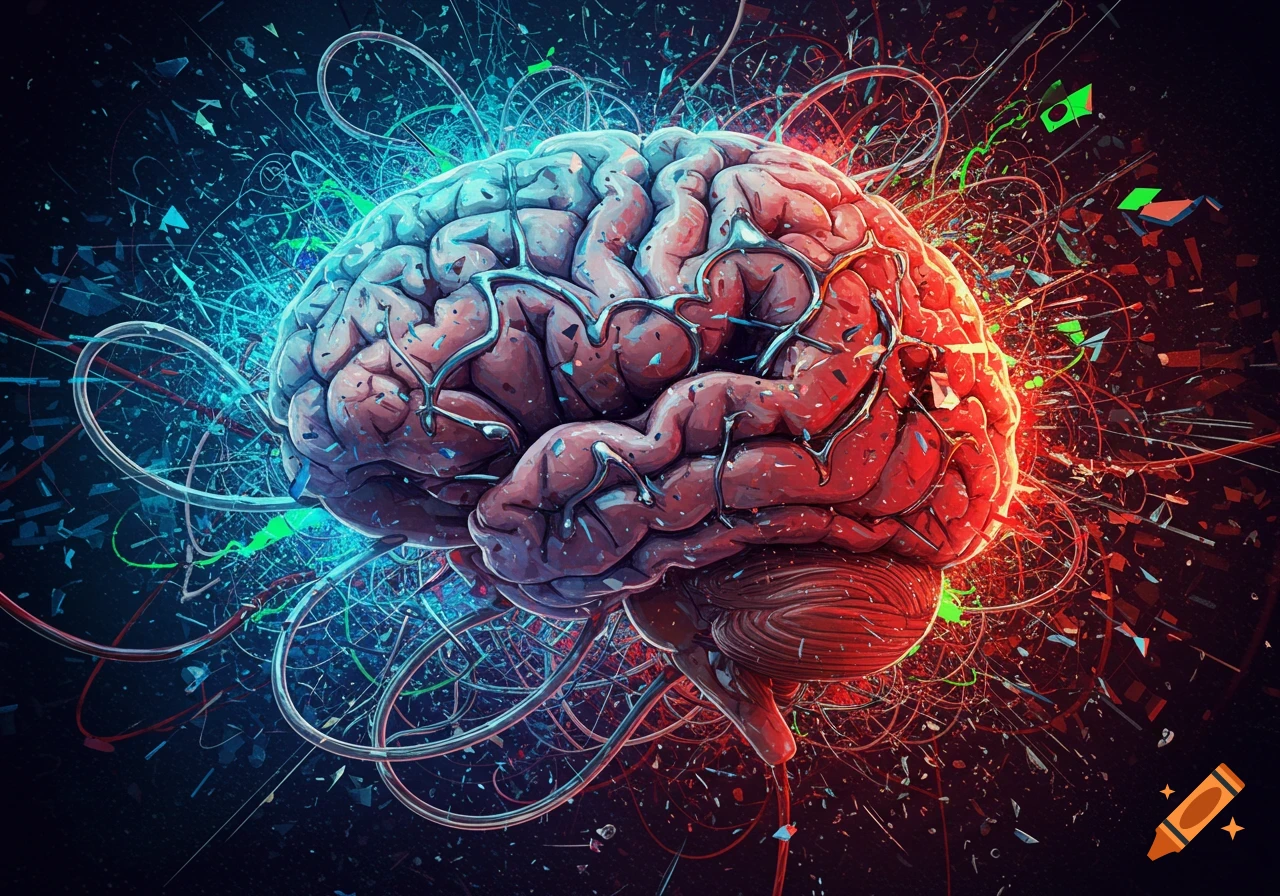 A vibrant, stylized illustration of a human brain split into red and blue halves, surrounded by glowing abstract lines and particles.