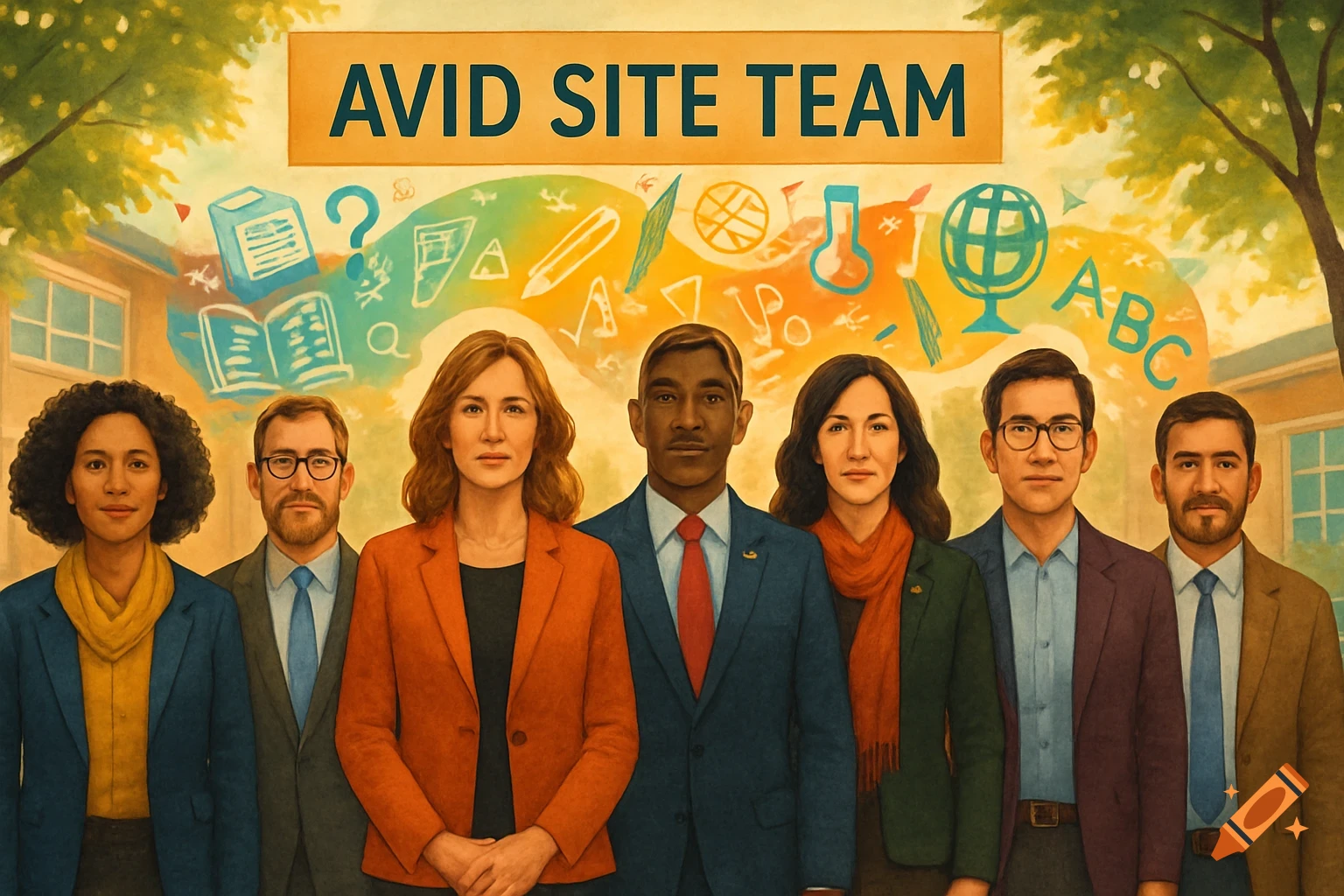 A diverse group of seven adults, possibly educators, standing in front of a colorful mural with educational symbols and the text 'AVID SITE TEAM'.